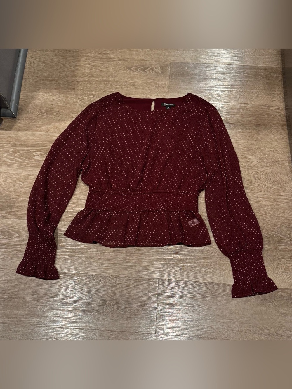 Versona Burgundy Polka Dot Peplum Long-Sleeve Blouse